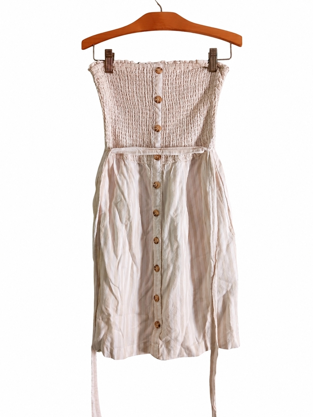 Y2K Abercrombie & Fitch Strapless Mini Dress Small Beige Smocked Button Front - Picture 2 of 7